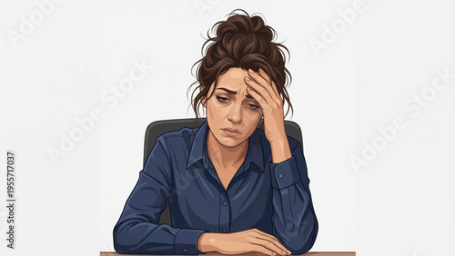Stressed Businesswoman Suffering from Migraine and Professional Burnout at Office Desk Vector Illustration