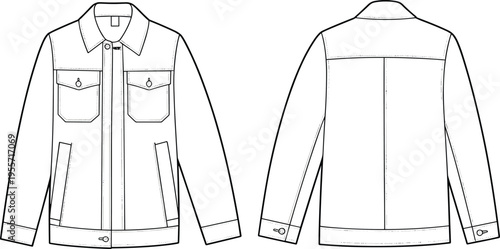 Technical Fashion Flat Sketch of Men's Classic Trucker Jacket Template, Denim Casual Outerwear Apparel Drawing Vector Illustration with Point Collar and Chest Flap Pockets