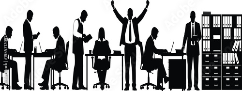 Office workers in business suits sitting and standing at desks with computers and files