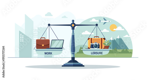 A balanced scale represents the concept of work-life balance, with work items on one side and leisure items on the other.