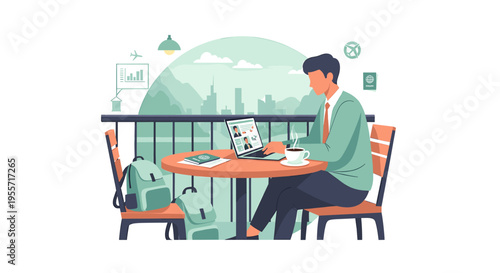 A man working on his laptop at an outdoor cafe with a scenic city view and backpacks nearby.