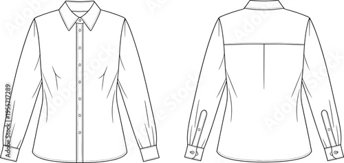 Professional Technical Fashion Flat Sketch of Women's Fitted Button-Down Blouse Template, Long-Sleeve Corporate Apparel Drawing Vector Illustration with Cuff Detail