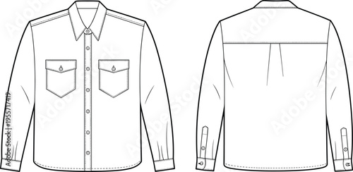 Technical Fashion Flat Sketch of Men's Classic Button-Down Shirt Template, Long-Sleeve Utility Apparel Drawing Vector Illustration with Pointed Collar and Double Flap Pockets