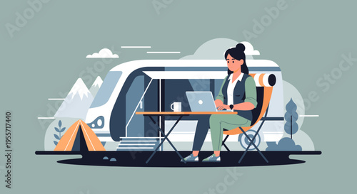 A woman working on her laptop outside a camper van during a camping trip in a mountainous landscape.