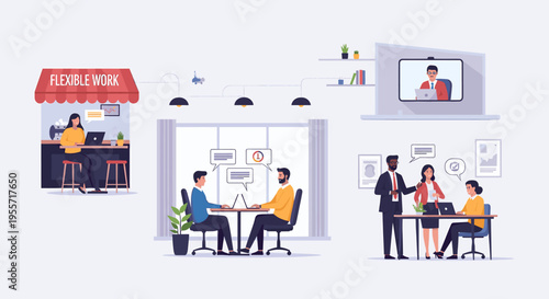 Illustration depicting various flexible work arrangements including remote work, in-office collaboration, and hybrid models.