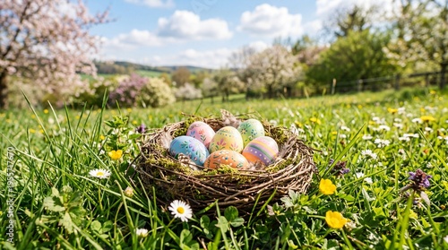 Colorful painted Easter eggs in a rustic bird nest placed on fresh spring grass with wildflowers, blooming orchard trees, and sunny countryside scenery, creating a festive seasonal nature scene.