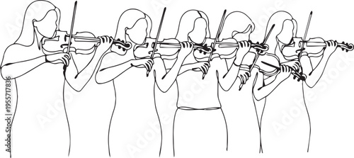 Five violinists playing in perfect harmony with their string instruments lined up.