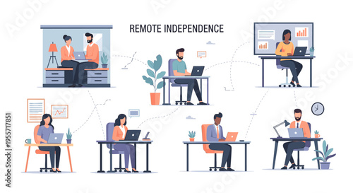 Illustration depicting remote independence with diverse individuals working from home offices connected digitally.