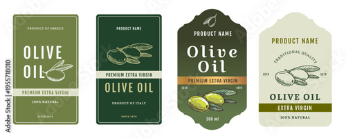 Set 2 of olive oil labels isolated on white background. Healthy vegetarian organic food. Vector Illustration. 