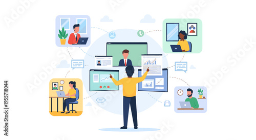 Diverse team collaborating remotely on a project using video conferencing and digital tools, showcasing a modern work environment.