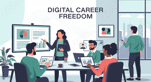 A diverse group of professionals engaged in a dynamic business meeting, discussing digital career freedom with charts and laptops.
