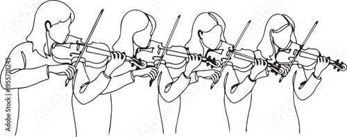 Group of violinists playing instruments in unison