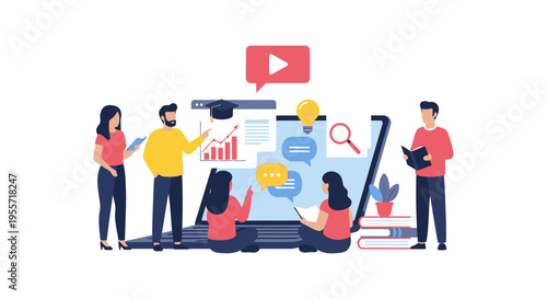 E-learning and Online Education Concept. Group of Students or Business Team Collaborating on Digital Training, Knowledge Transfer, and Video Courses.