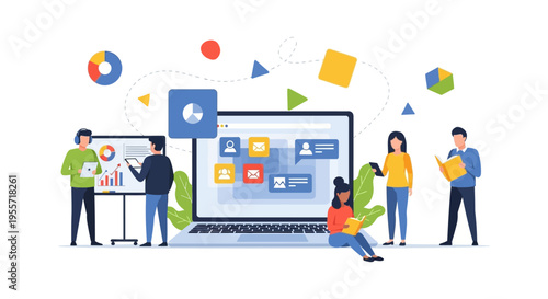 Digital Team Collaboration, Online Business Strategy, and Data Analysis. People Working on Content Management and E-Learning Platform.