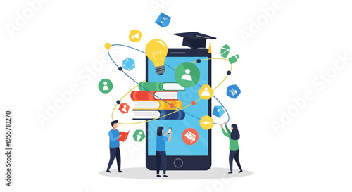 Mobile E-Learning Concept: Online Education Platform on Smartphone Screen with Books, Lightbulb, and Graduation Cap. Digital Knowledge Network and App Interface.