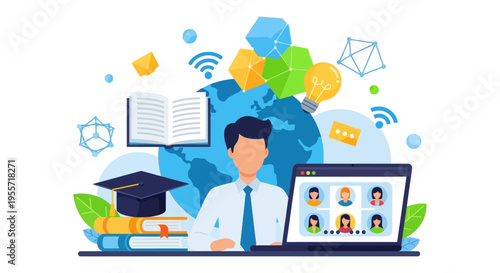 E-learning and Remote Education Concept. Global digital classroom, online video conference, virtual seminar, and university graduation vector.