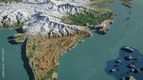 Vivid 3D Animated Relief Map of the Indian Subcontinent, Displaying Majestic Himalayan Peaks