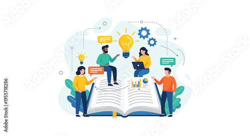 Knowledge Sharing and Teamwork Illustration. Business team generating innovative ideas and strategies on a giant open book for learning and success.