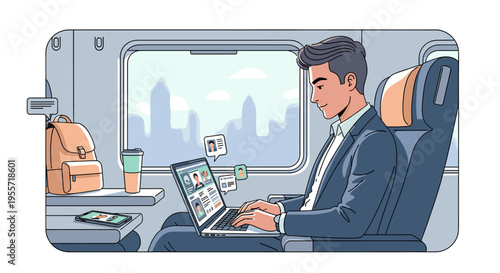 A businessman in a suit works on his laptop during a train journey, with a city skyline visible through the window.