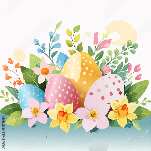 Aquarell Hintergrund mit Ostereiern und Blumen