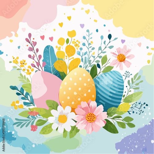 Aquarell Hintergrund mit Ostereiern und Blumen