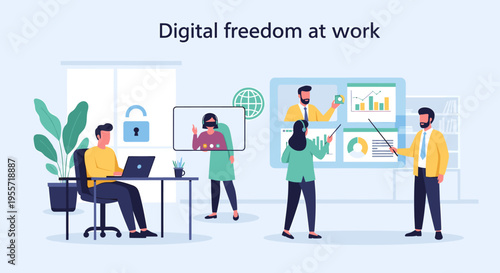 People collaborating in a modern office environment, utilizing digital tools for remote work, data analysis, and secure communication, embodying digital freedom at work.
