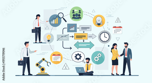 Illustration of business process management with people, charts, and automation elements.