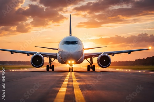 airplane landing at sunset and airport 