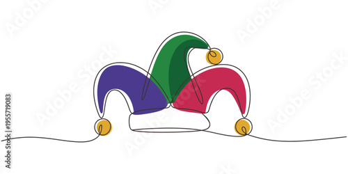 continuous one line drawing Vector illustration of colorful jester hats