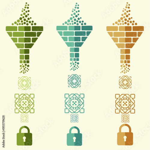 Digital data processing and security vector illustration featuring filtering funnels, abstract geometric patterns, and padlock icons in three colors.