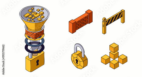 Isometric security and data filtering icons set with padlock, funnel, barrier, and building blocks for digital protection and process concepts.