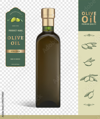 3D bottle of Olive Extra Virgin Oil with gold cap isolated on white background. Vegetarian organic food. Vector Illustration.