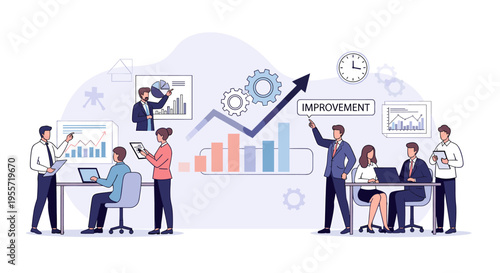 Obraz na plátně Business professionals collaborating and analyzing data to achieve improvement and growth in a modern office setting