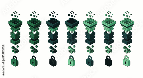 Isometric data security and privacy icons set. Digital information filtering, processing, and protection concept with funnel and padlock symbols. Modern flat design.