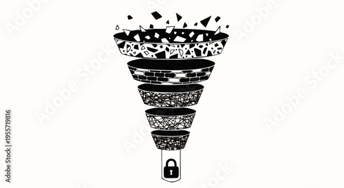 Conceptual illustration of a secure marketing funnel, showing data filtration, customer journey stages, and lead conversion process with a padlock icon.