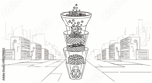 Financial funnel processing raw money into refined profit, illustrating business growth, investment, and revenue generation in a modern urban landscape.