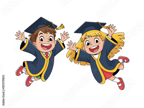 Two happy cartoon kids graduates jumping together, boy and girl celebrating school success vector
