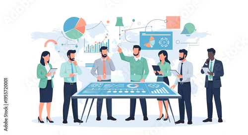 A diverse business team collaborating around an interactive data table with global analytics and strategic planning elements.