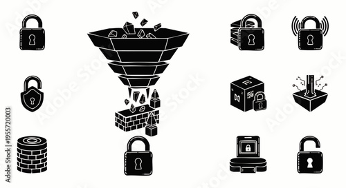 Digital security and data protection icon set featuring padlocks, firewalls, and secure data flow concepts for cyber safety and privacy.