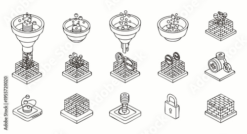 Isometric line art icons set depicting business processes, data flow, security, and technology concepts. Modern vector illustrations for digital projects and infographics.