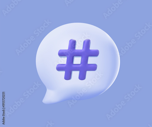Speaking bubble with hashtag keyword symbol, 3D vector illustration. SEO, Keyword Research, Analyze terms, popular hashtag search, search engine optimization, Content Optimization, ranking, keywords