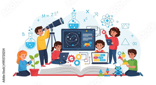 Kids STEM Education Concept: Diverse Students Learning Science, Coding, Robotics, and Astronomy, Emphasizing Future Technology Skills.