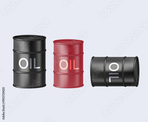 Commodities Oil tank set. Crude oil. 3d vector illustration. Rising oil price growth graph alongside a crude oil barrel 3D vector illustration. Represents energy market trends, fuel costs, inflation