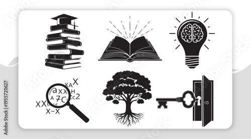 Vast collection of knowledge and learning silhouettes representing education, wisdom, and discovery, unlocking intellectual growth and understanding