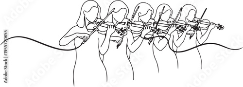 Harmonious ensemble of violinists playing in unison with intertwined strings