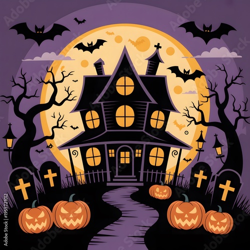 Haunted House Halloween Illustration with Full Moon, Bats and Graveyard, Spooky Night Scene with Pumpkin Decorations, Dark Fantasy Cartoon Style for Holiday Posters, Party Invitations and Seasonal Des