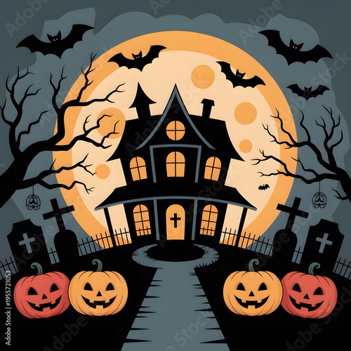 Haunted House Halloween Illustration with Full Moon, Bats and Graveyard, Spooky Night Scene with Pumpkin Decorations, Dark Fantasy Cartoon Style for Holiday Posters, Party Invitations and Seasonal Des