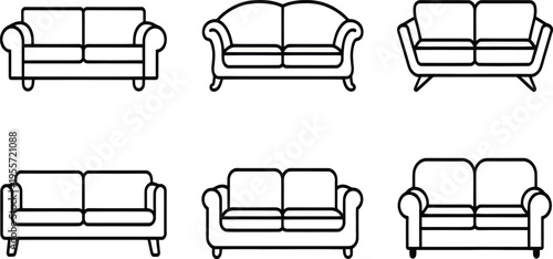 A set of furniture icons featuring black and white chairs and a comfortable leather sofa vector illustration for modern home interior room design and apartment living style