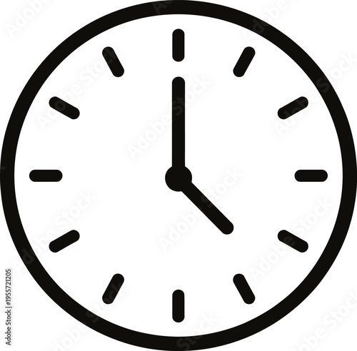 Simple wall clock vector illustration isolated on white background showing time concept with numbers and hands