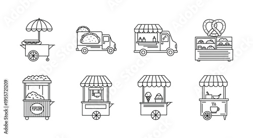 Street Food Cart Line Icon Set, Outline Food Truck Kiosk and Snack Stall Collection Isolated on White Background